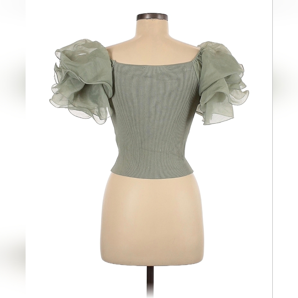 Zara Sage Green Puff Sleeve V-Neck Ribbed Top - Picture 2 of 2